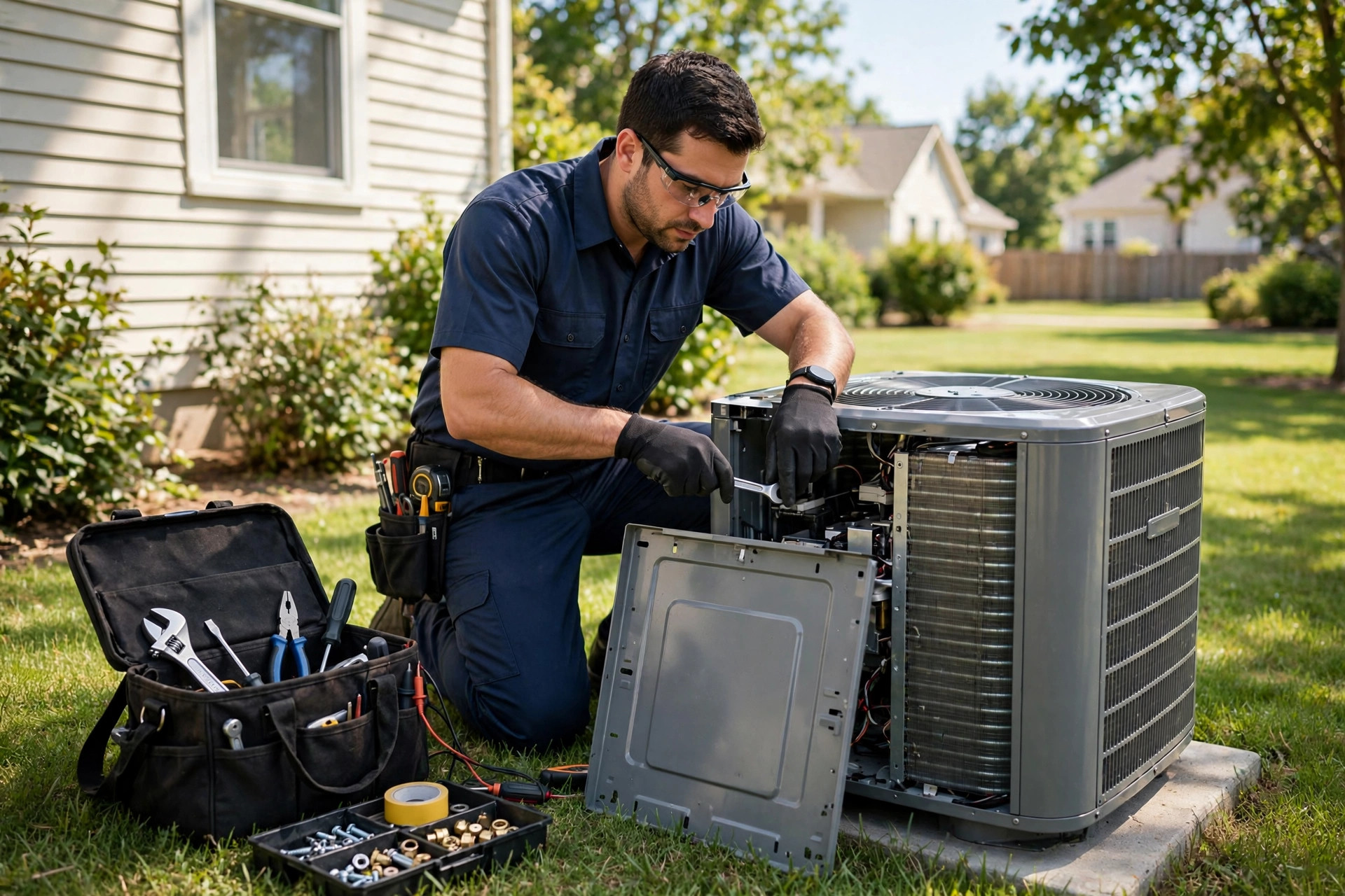 HVAC technician servicing an outdoor condenser unit at a suburban home