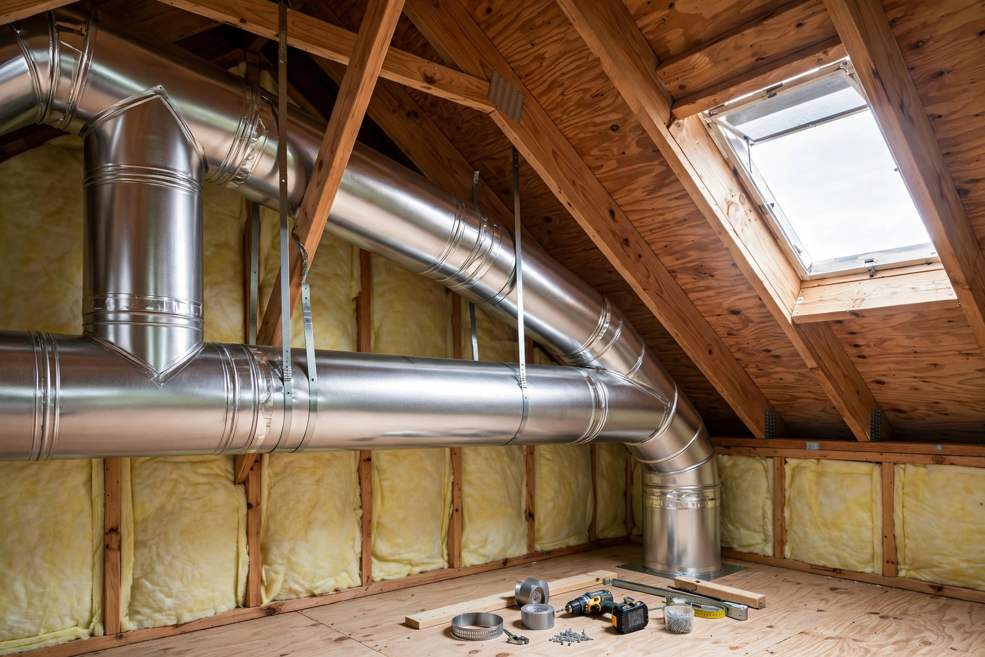 New HVAC ductwork installed in a residential attic