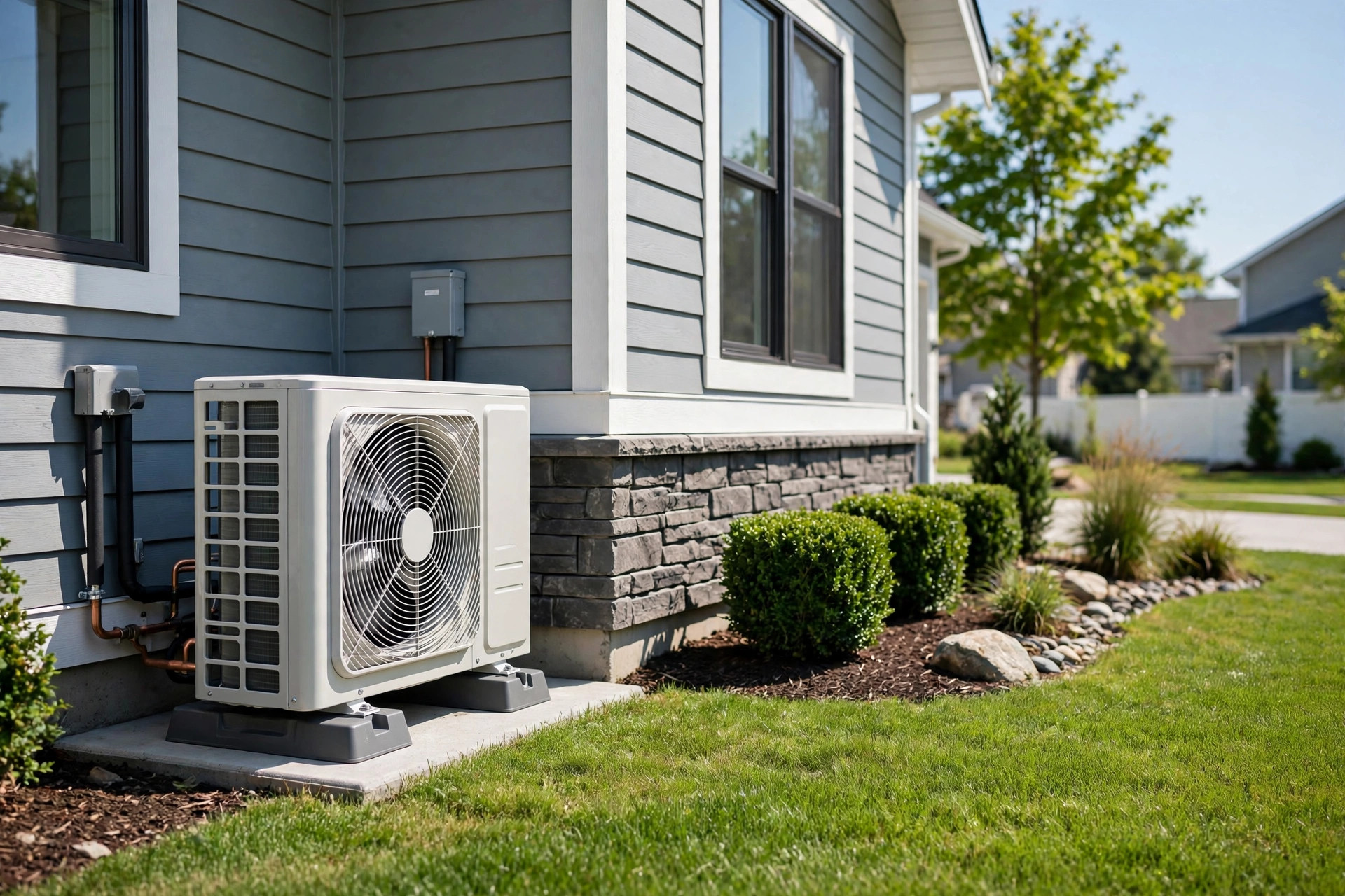 Modern heat pump installed beside a suburban home