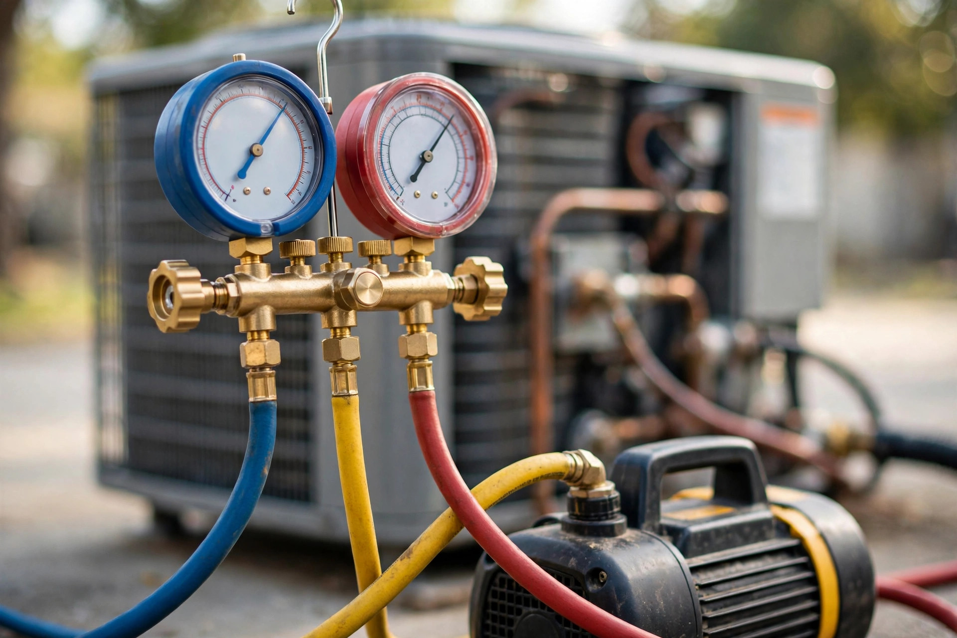 HVAC manifold gauges and vacuum pump during an AC service