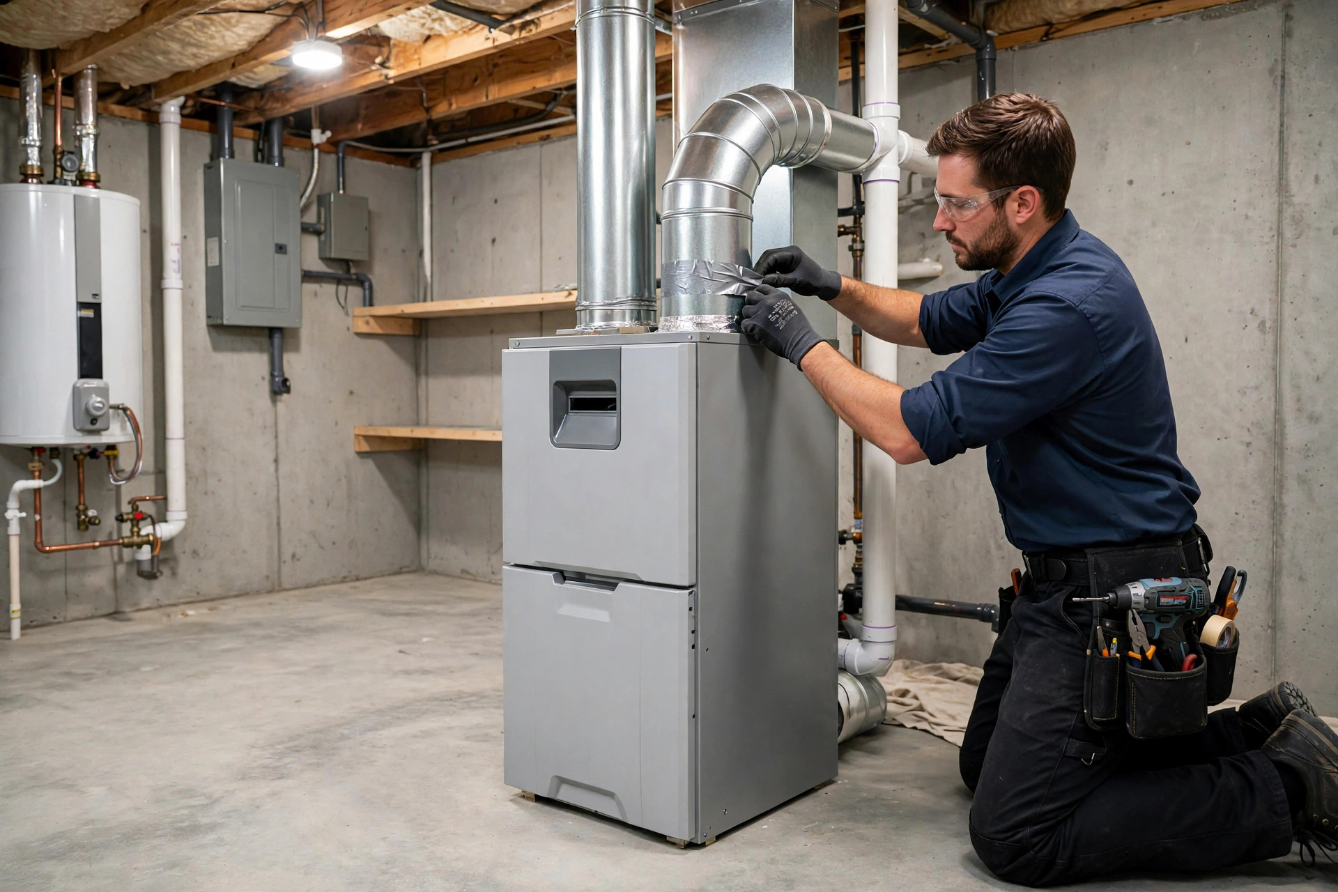 New high-efficiency furnace being installed in a home